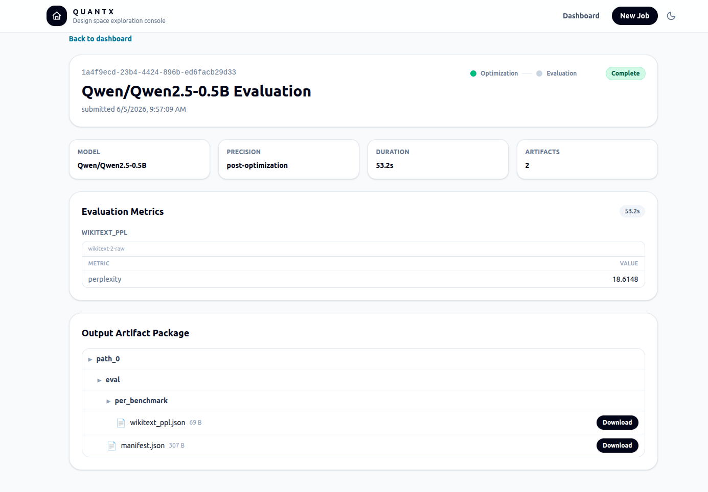 Evaluation Results Completed jobs surface evaluation metrics — Wikitext-2 perplexity, ARC, GSM8K, TextVQA — alongside downloadable artifact packages for downstream integration.
